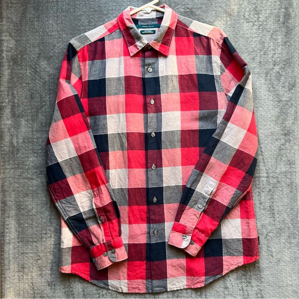 Perry Ellis Sz M Linen Cotton Blend Plaid Red Long Sleeve Shirt Button Down